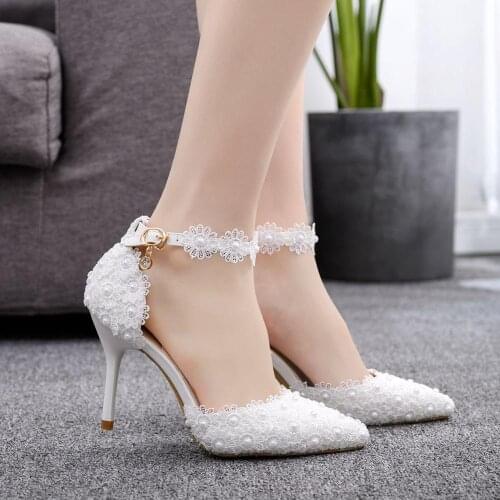 White Lace Flowers Women Wedding Shoes Wristband Bride Shoes One Word Buckle Thin Sandals Bridesmaid Heels Ladies High Heels