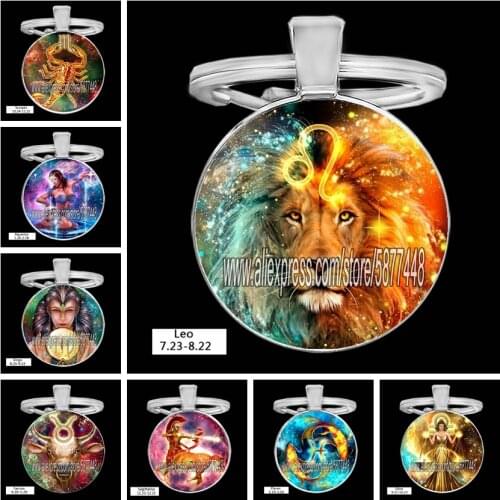 Colorful Zodiac Sign Keychain 12 Constellation Leo Virgo Libra Scorpio Sagittarius Pendant Glass Cabochon Keyring Birthday Gift