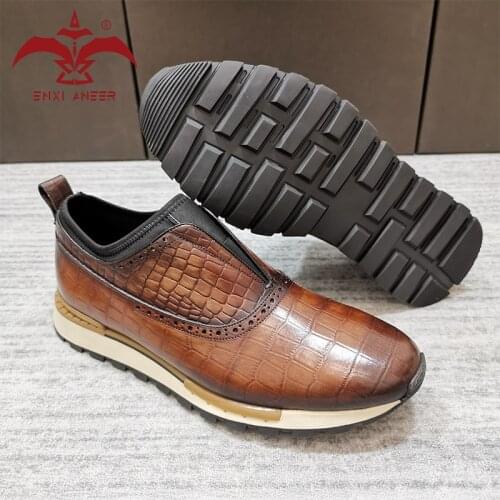 Be Different Shoes! 100% Genuine Leather Men Lady Sneaker Shoes Boston Casual Shoes in Patina Tobacco Navy Color