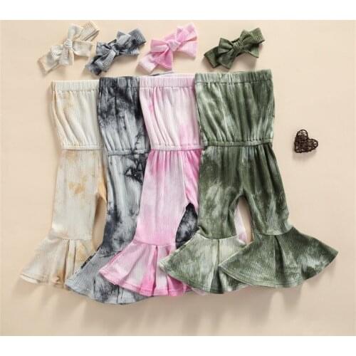 4 Colors Baby Tie-dye Printed Rompers Girls Sleeveless Low-cut Flared Pants Jumpsuits + Bow-knot Headband Cotton Casual Outfits