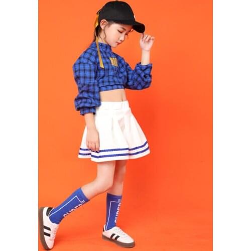 Kids Blue Sweatshirt Tops Crop Skirt Cheerleader Hip Hop Clothing Girls Jazz Dance Costumes Ballroom Dancing Clothes Wear
