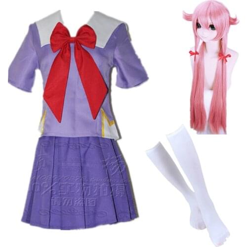 Future Diary Gasai Yuno Mirai Nikki School Uniform Cosplay Costume Suit Wig