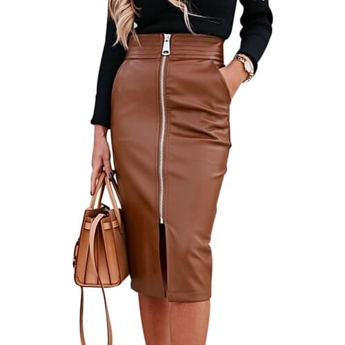 Elegant Faux Leather Woman Skirts Front Zipper Midi Skirt Sexy High Waist Split PU Leather Skirts Pocket Wrap Hip Bodycon Skirt