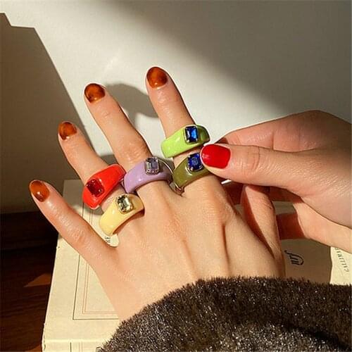 Korean Fashion Geometric Rensin Ring Set Colorful Transparent Square Round Acrylic Rings Womens Simple Rhinestone Plastic Rings