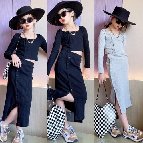 Two piece set knitted girls outfits solid color crop top shirt and midi skirt split button up kids teenage cothes 4 to 14 yrs