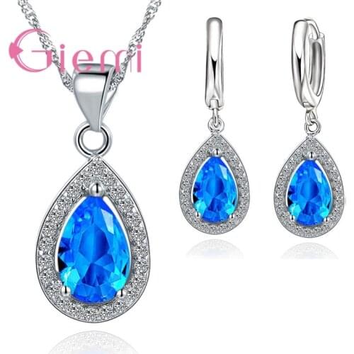 Classic Women Waterdrop Crystal Pendant Necklaces Drop Earring Set For Wedding S925 Bridal Jewelry Sets