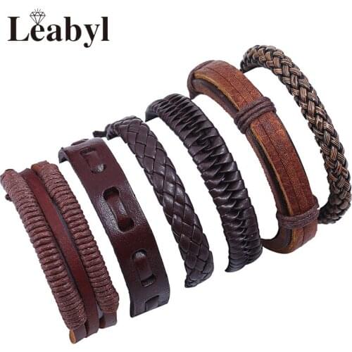Leabyl Simple Classic Brown Braided Cow Strap Vintage Leather Bracelet for Men Gift Retro DIY Cowhide Rope Punk Wrap Bracelets