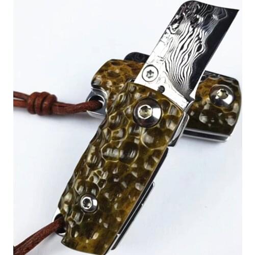 Mini Damascus Steel Blade Ox Bone Handle Knife Handmade Folding Knife Camping Hunting Knife Tactical Fruit Pocket Knives EDC