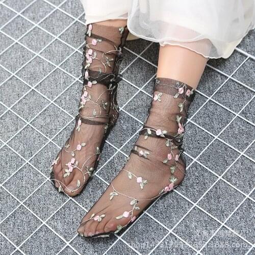 2 Colors Embroidery Flowers Tulle Socks Women Transparent Ultra-thin Socks Long Lolita Ladies Mesh Floral Funny Socks Hosiery