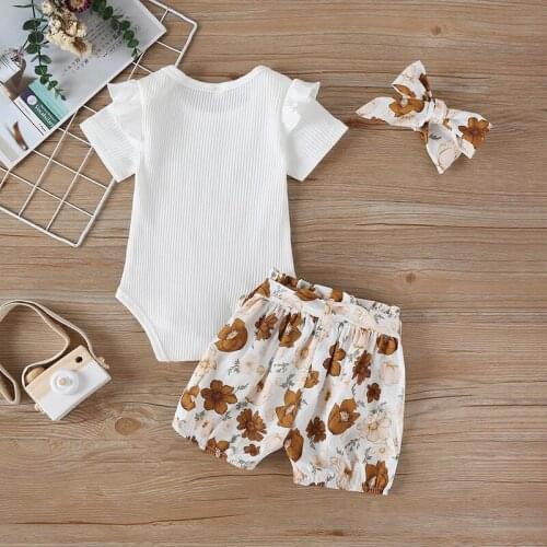 Newborn Baby Girl Clothes Short Sleeve Ruffle Romper Bodysuit Floral Halen Pants Bowknot Headband 3pcs Sets Outfits
