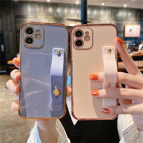 Solid Color Electroplating Phone Case For iPhone 12 Pro Mini 11 Pro Max XR XS Max 7 8 Plus SE 2020 Wrist Strap Soft TPU Cover