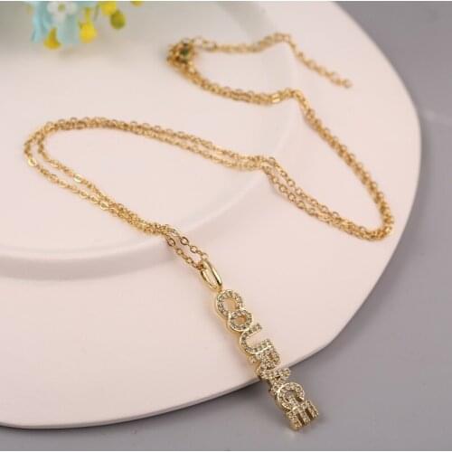 Fashion Womens Letter COURAGE Word Copper Metal Cubic Zirconia Pendants Necklaces Ladies Stainless Steel Chain Gold Necklace