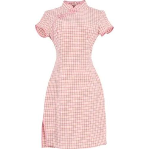 Lattice Pastel Trendy Cheongsam Retro New Style Summer Dress A-line Lovely Party Mini Plus Size Dress Robe Ukraine