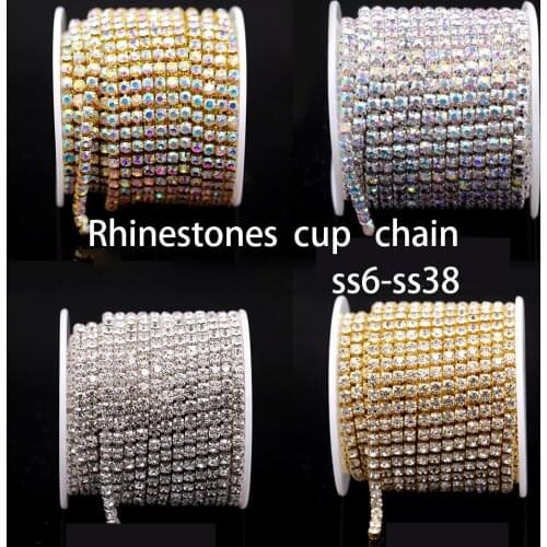 10yards ss6-ss38 AB Glass rhinestones trims sparse/close cup chain trims gold/silver claw Sewing Craft DIY Crystal Chain beads