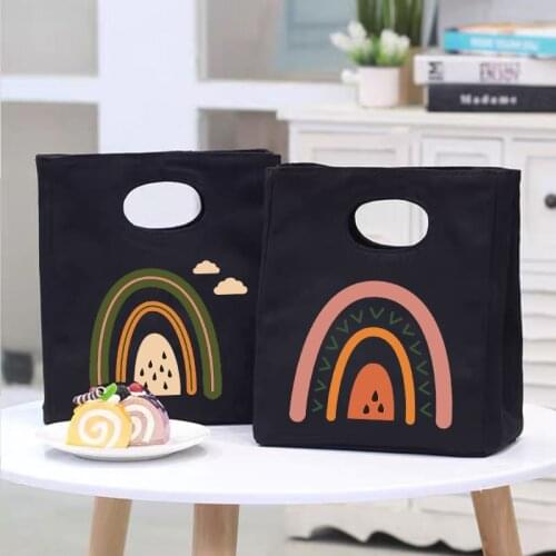 Rainbow Printed Cooler Lunch Bags Canvas Insulated Bento Box Totes Picnic Handbag Dinner Container Thermal Foods Storage Pouch