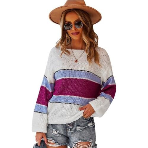 Autumn Women Casual Loose Knitted Striped Sweater Vintage Long Sleeve Warm Leisure Pullover Sweater Elegant Winter Streetwear