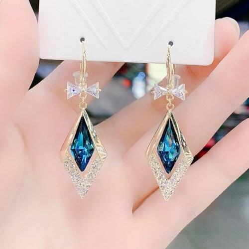 Dainty Female Crystal Bowknot Dangle Earrings Charm Gold Color Drop Earrings Cute Bride Blue Zircon Wedding Earrings For Women