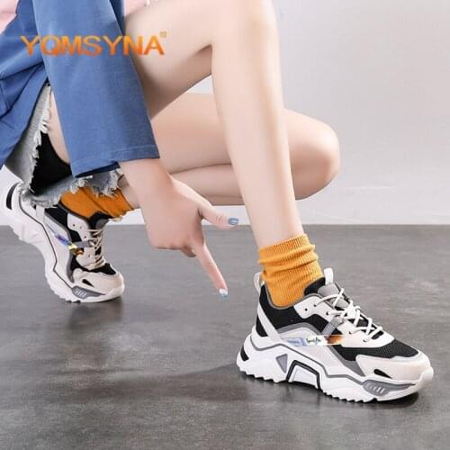 YQMSYNA Fashion Womens Shoes Handmade Spring/Autumn Mixed Colors Lace-up Sports Shoes Thick Bottom Non-slip Lady Sneakers Q05