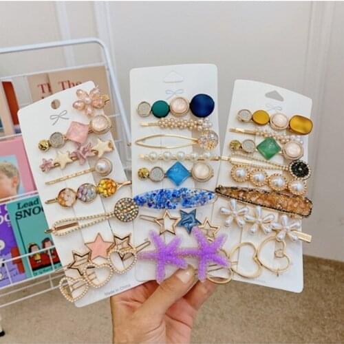 Fashion hair accessories womens pearl hairpin side clips metal word clip set starfish hairpins cute all-match girl headwear