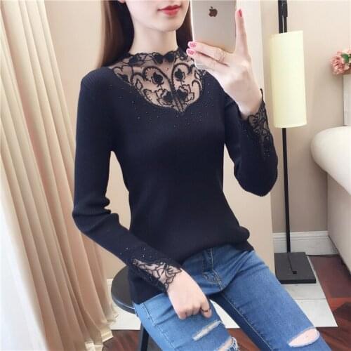 2020 Lace Turtleneck Rhinestone Pullovers Spring Sweaters Women Slim Autumn Sweaters Embroidery Lady Long Sleeve elastic Jumpers