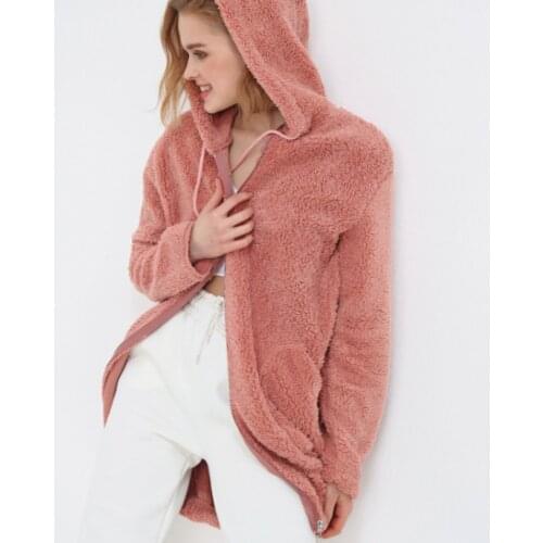 2021 Winter Women 100% Cotton Hooded Oversized Zipper Soft Lined Inside Pocket Plush Fur Pink Cream Blue Color Top Jacket Coats