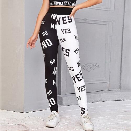 Polyester Black Leggings Fashion Yes or No Print High Waist Elastic Push Up Womens Letter Graphic Colorblock Leggings