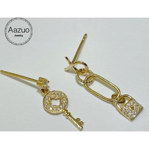 Aazuo Real 18K Pure Solid Yellow Gold Natrual Diamonds Asymmetry Key & Lock Stud Earrings Gifted For Women Wedding Party Au750