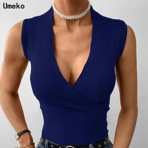 Umeko Summer Sweater Women Pull Femme Low Cut Sexy Knitted Vest T-shirt Deep V Cropped Top Plus Size Elastic Tank Top Tshirt