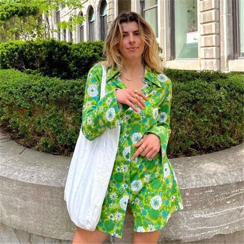 Wsevypo Chic Full Flowers Printe Short Shirts Dress Autumn Spring Women Chic Long Sleeve Turn down Collar Button Dress
