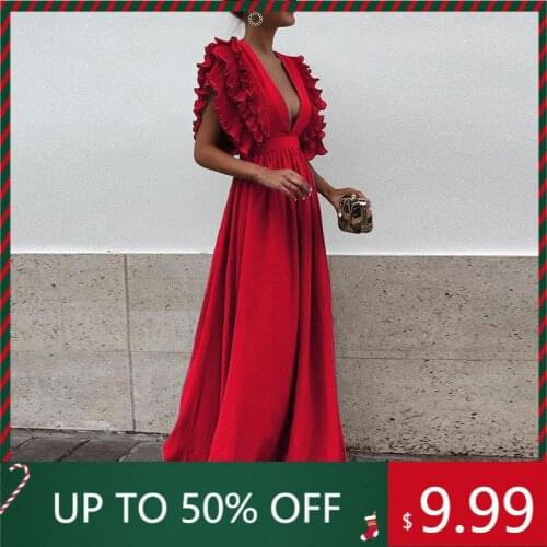 Elegant Party Dress Womens Butterfly Sleeve Formal Dress Sexy Deep V Neck Backless Maxi Dress Summer Holiday Beach Long Dress
