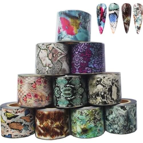 10Roll Nail Foil Snake Leopard Starry Paper Nail Art Transfer Sticker 50m*4cm Holographic Slider Decal Accessories