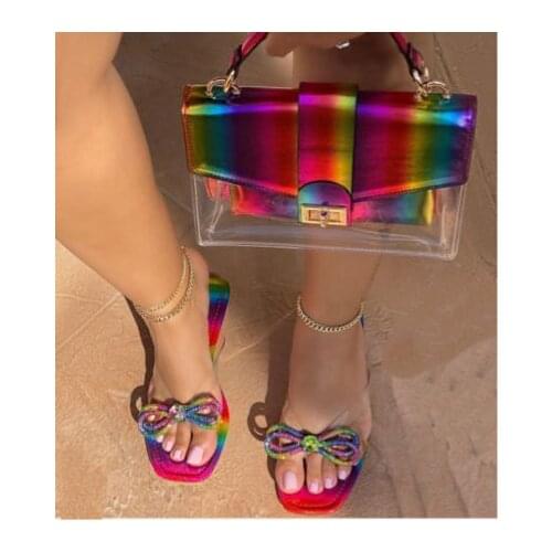 2021 European and American square water drill bow colorful flat slippers female large size one-character color drill sand slippe