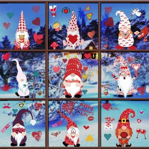 9pcs Valentines Day Heart Wall Sticker Christmas Gnome Tomte Window Decals DIY Wallpaper Decoration for Home Office