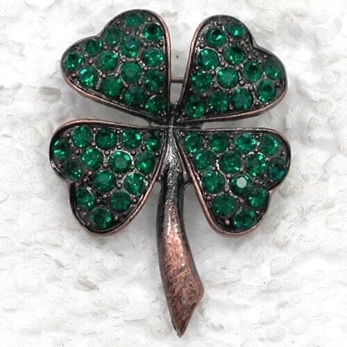 Antique copper clover Brooch Green Rhinestone Pin brooches C821 M3