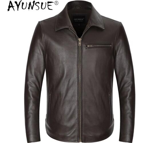 AYUNSUE Genuine Leather Jacket Men Vintage Cowhide Leather Coat for Men Short Plus Size Men Leather Jackets Ropa Hombre KJ5100