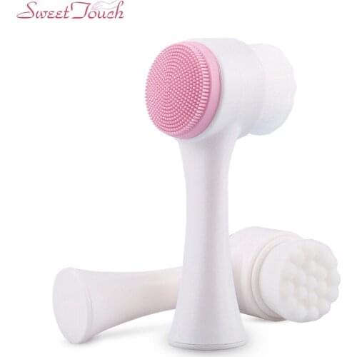 Sweettouch Double Side Silicone Facial Cleanser Brush Portable Size 3D Face Cleaning Vibration Massage Face Washing Product