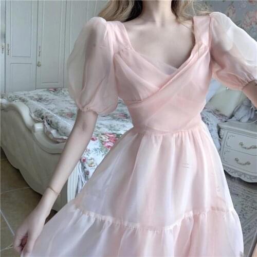 Elegant Designer Dress Women French Pink Bandage Dress Casual Puff Sleeve Slim Lace Chiffon Dress Autumn Womens Clothing