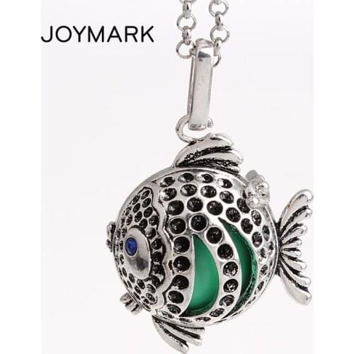 JOYMARK 12pcs/lot Tropical Fish Openable Copper Hollow Chime Box Cage Musical Sound Bell Ball Pendant Pregnancy Necklaces HCPN27