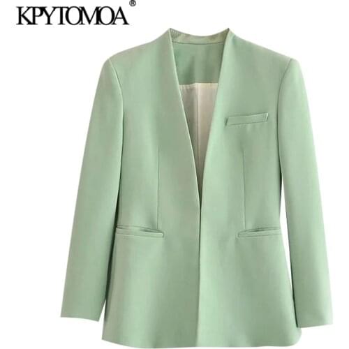KPYTOMOA Women 2021 Fashion Office Wear Collarless Blazer Coat Vintage Long Sleeve Welt Pockets Female Outerwear Chic Veste