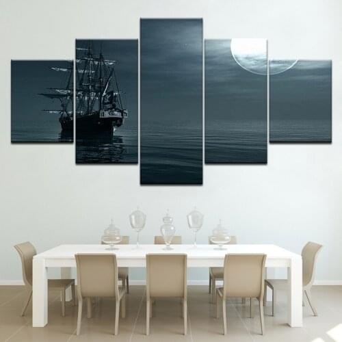 The boat on sea in evening 5 piece Wallpapers modern Modular Poster art Canvas painting for Living Room Home Decor