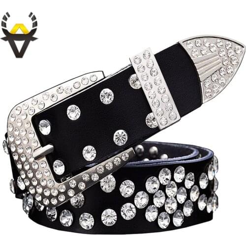Fashion rhinestone genuine leather belts for women Unisex waist belt for men Quality second layer cow skin strap width 3.3 cm