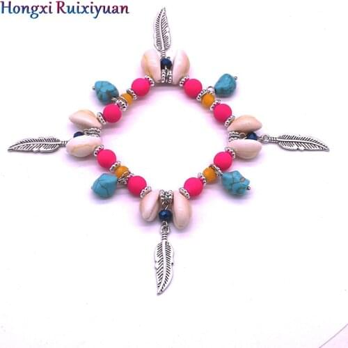 Fashion Elastic Bracelet Bohemian Handmade Beaded Crystal Beads Shell Alloy Leaf Lady Bracelet Exquisite Bead Bracelet Jewelry
