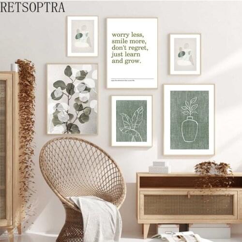 Wall Art Print Poster Green Plant Leaves Decorative Painting Abstract Line Vase Picture for Living Room Decor