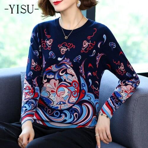 YISU New Loose Wool Sweater Jumper O-Neck Fashion Printing tops Long sleeves Loose Female Casual Knitted pullover Women clothing