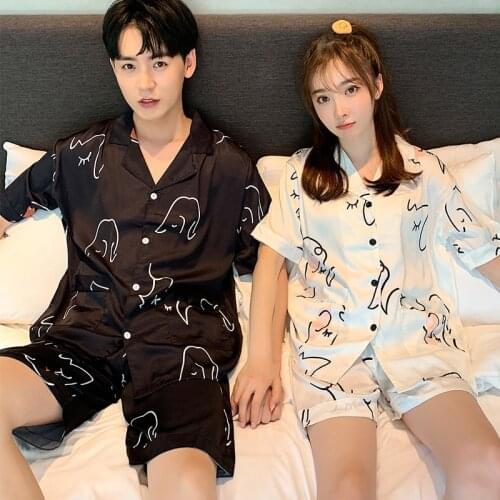 Sexy Silk Couple Pajamas Set Black White Home Clothes Women Men Short Sleeve Sleepwear Summer Nightwear Homewear Big Size M-3XL