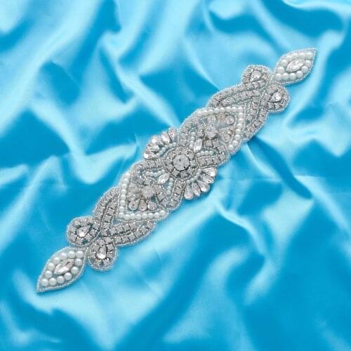 SESTHFAR Sew On Strass Applique Rhinestone For Wedding Belt Pearl Patch Crystals Iron On Glass For Bridal Headband Trim