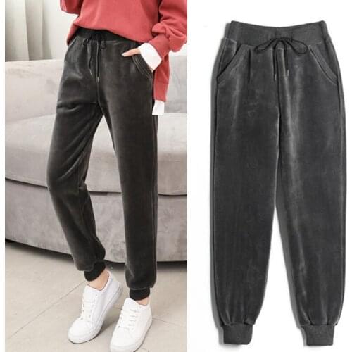 Winter Fall Women Lady Grey Black Elastic High Waisted Fleece Thick Velvet Harem Pants , Woman 3xl Casual Thick Velour Trousers