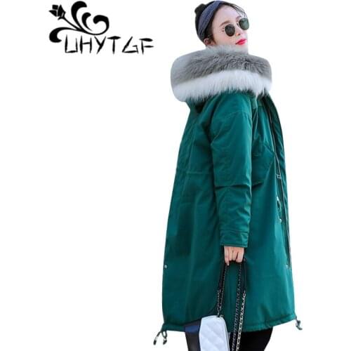 UHYTGF Women jackets Fur collar Hooded Jacket women Padded Cotton Down Winter Coat Thicken Long Parka Womens Coats Plus size 136