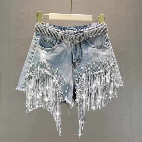 2021 Summer Female Denim Shortsr New High Waist Wide Leg Pants Slimming Heavy Beaded Sequin Fringed Ripped Jeans Shorts Fashion