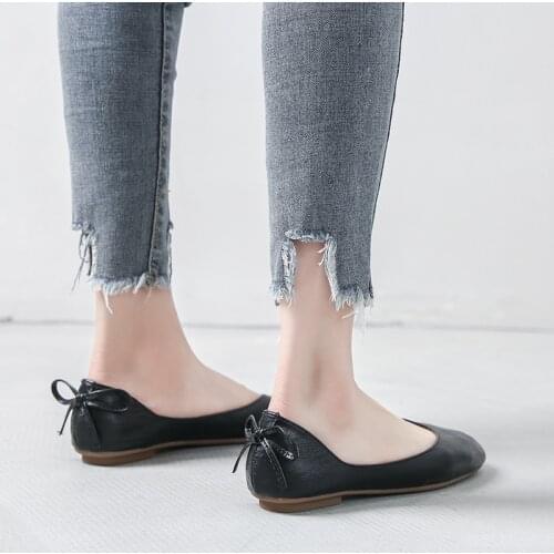 Leather Shoes Lady Moccasins Back Bow Solid Color Elegant Pink Flat Heel Shoes Summer Spring All Match Sweet Bowtie 33-43 Flats